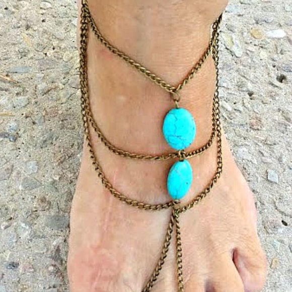 Turquoise Slave Style Toe Ring Anklet - Picture 2 of 3